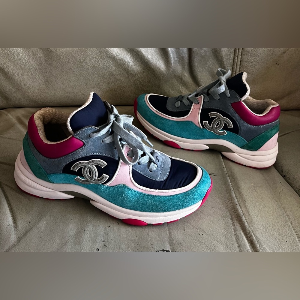 CHANEL Teal and Pink Athletic Sneakers